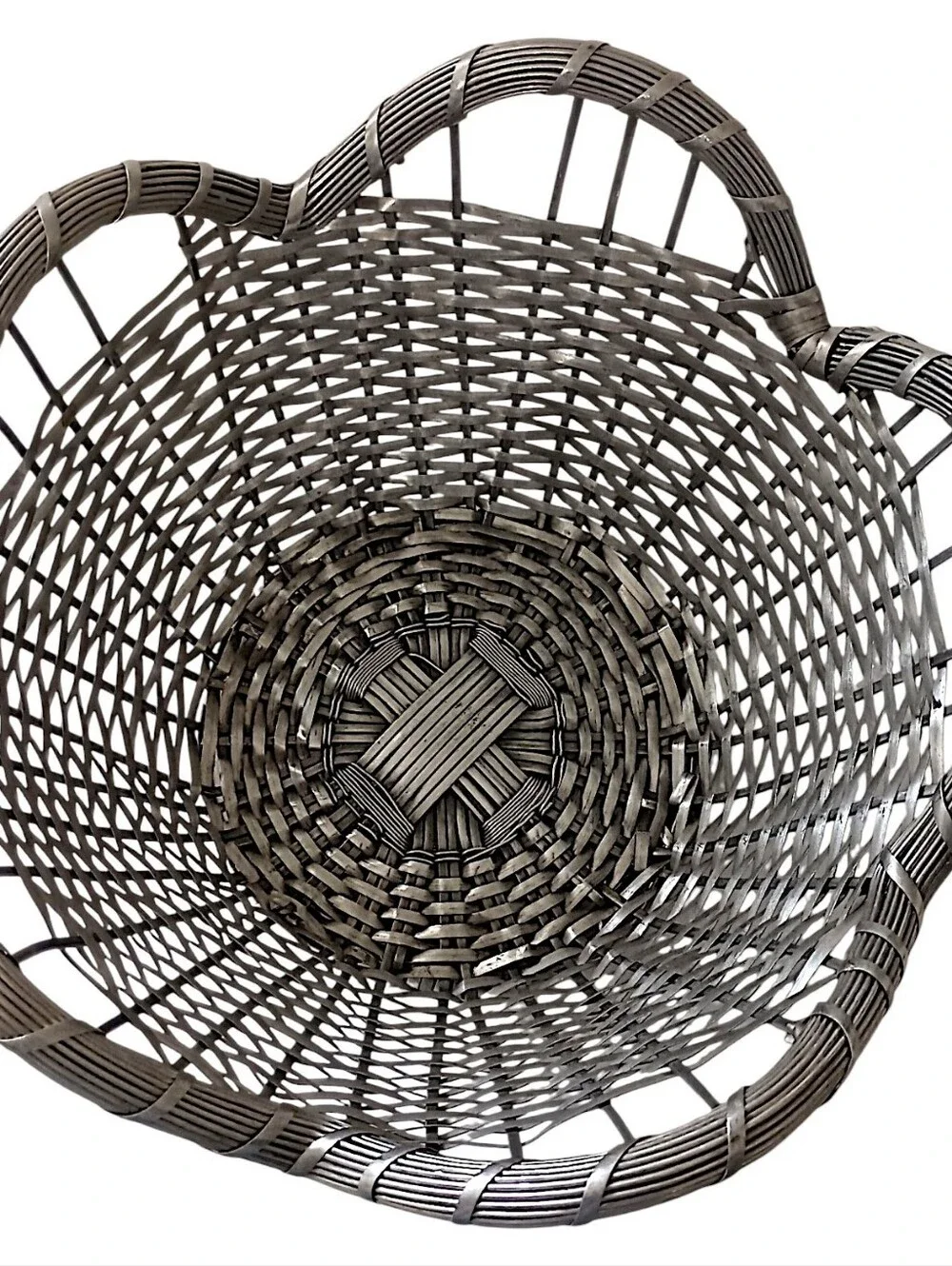 French Woven Wire Basket Vintage Silver Tone Scalloped Edge Farmhouse Country